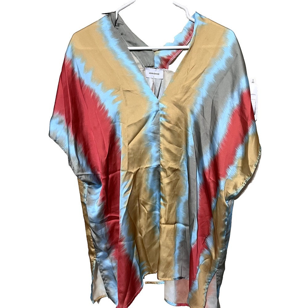 ADRIENNE Mod Kimono Satin Colorful Striped Caftan Top sz M Boho Retro USA